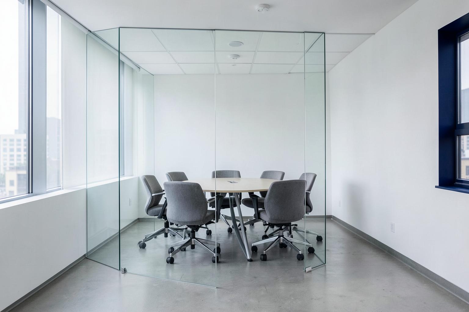 Salle de réunion vitrée dans un environnement de bureau moderne